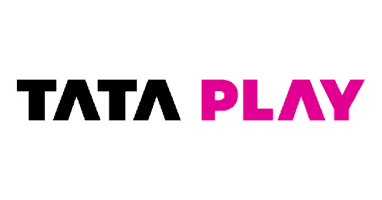 The image shows the Tata Play logo. "TATA" is written in bold, black, uppercase letters, and "PLAY" is written in bold, magenta, uppercase letters. The text is set against a white background, representing a diverse streaming service that offers various TV channels.