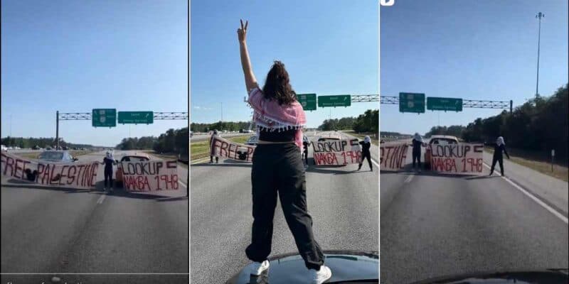 A person stands on a car roof on a highway, raising two fingers in a peace sign. Signs with phrases like "FREE PALESTINE" and "GUESTS BLOCKED" are displayed on an overpass.