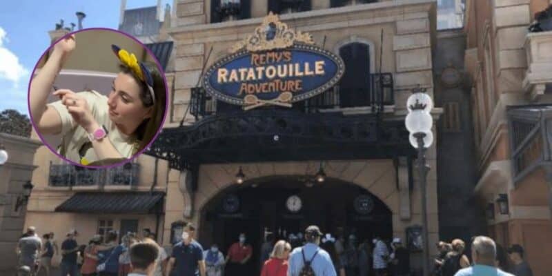 A girl writes on her arm with a sharpie in the foreground of an image of the entrance to Remy's Ratatouille Adventure.