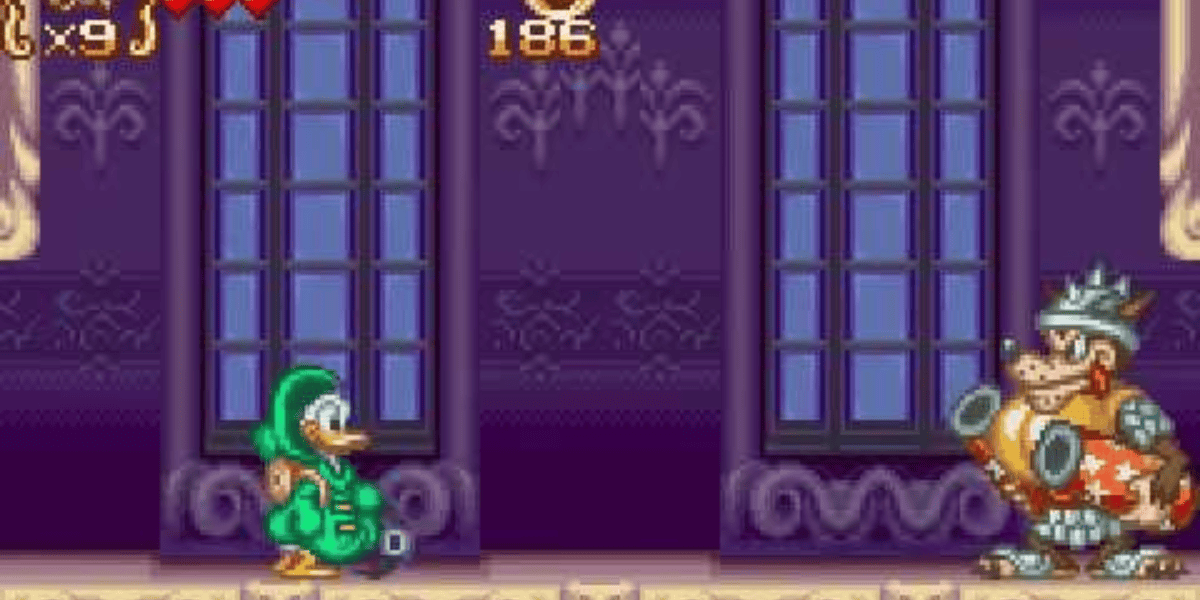 A cartoon-style duck wearing a green hooded outfit faces off against a menacing anthropomorphic gorilla in armor, holding a cannon. They stand in front of tall, ornate windows in a castle-like setting. The animation's upper screen shows hearts and a timer, reminiscent of classic Disney character adventures.
