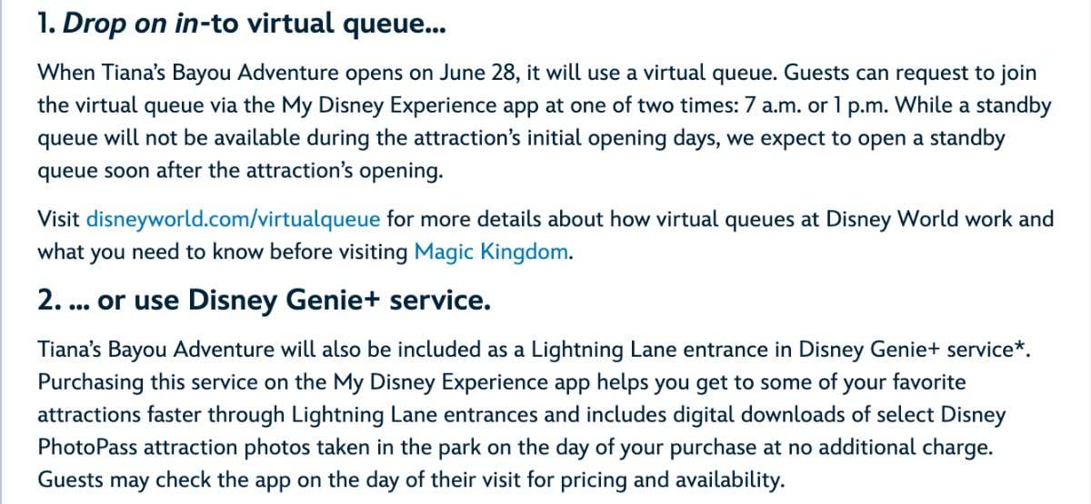 An informational graphic with text discussing options for joining virtual queues at Disney attractions, including a standard queue and the disappointing update of Disney Genie+ service, with details on booking and timings.
