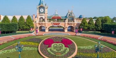 Entrance to Shanghai Disneyland, featuring a Mickey Mouse floral planter