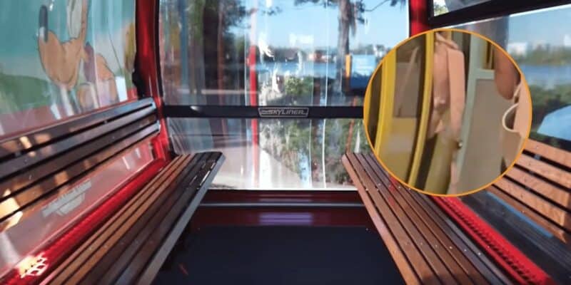 The interior of a Disney Skyliner gondola pictured next to an image of a backpack stuck in the doors of a gondola.