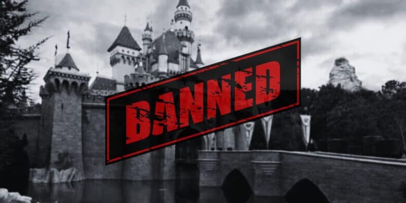 A black and white photo of Sleeping Beauty Castle at Disneyland Park. The word "banned" is added in the foreground, referencing suggested filming and social media bans at Disney parks.
