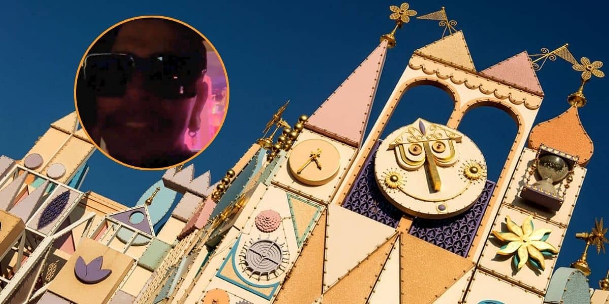 An image of a man in sunglasses in the foreground of an image of the exterior facade of “it's a small world” at Disneyland Park.