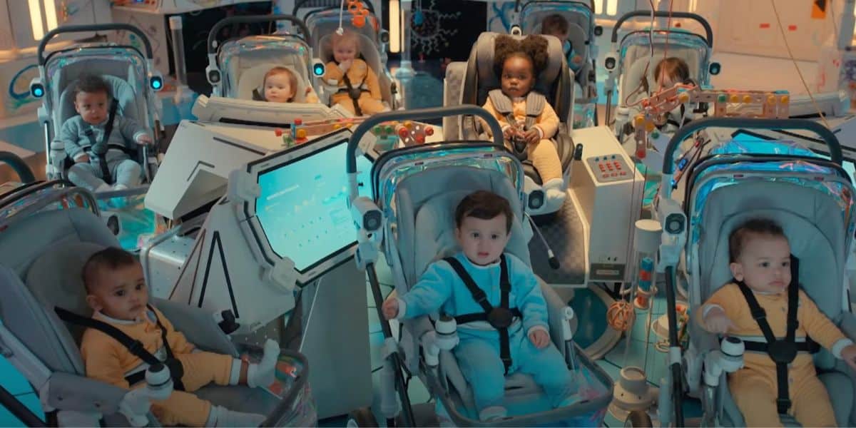 A group of space babies in a futuristic setting, each secured in individual high-tech bassinets with monitoring equipment, looking attentively in various directions.