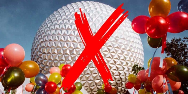 A large geodesic sphere, reminiscent of the iconic structure at Disney World’s Epcot, looms in the background. The sphere has a striking red X painted over it. Colorful balloons float around the sphere, contrasting against the clear blue sky above.