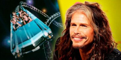 Composite image featuring a Rock 'n' Roller Coaster loop on the left and a close-up of a smiling man with long, wavy, light brown hair on the right, set against a vibrant background.