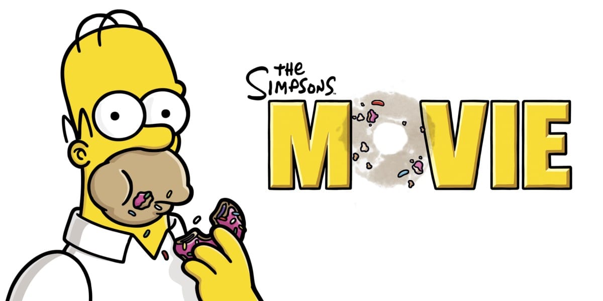 Homer Simpson licking his fingers with a bitten donut in his hand, next to the text "The Simpsons Movie" with a donut substituting for the letter "O".
