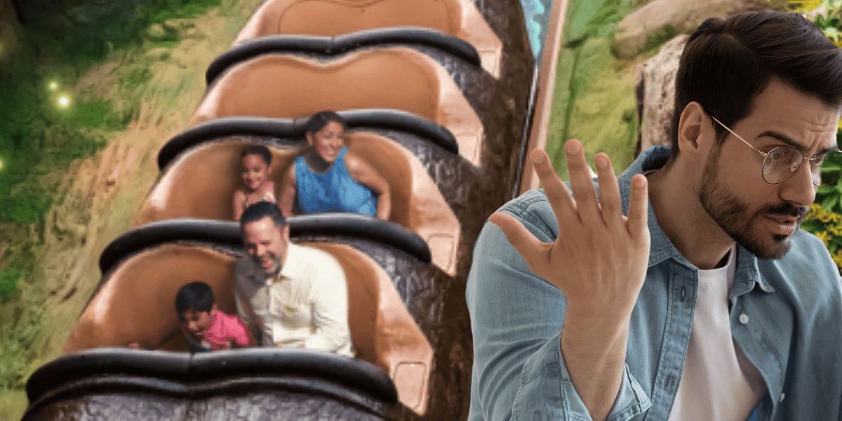 A composite image shows two scenes: on the left, a group of people smiling and enjoying Tiana's Bayou Adventure log ride, and on the right, a man gesturing with his hand while appearing to explain something, with a blurred background.