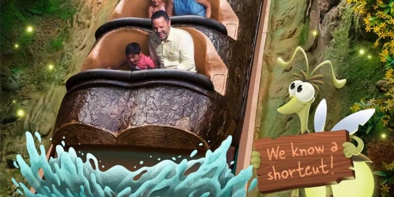 A family enjoys a log flume ride in a theme park, passing under a cartoon cutout of a smiling kangaroo holding a sign that says, "We know a shortcut!" Vibrant lights and plants enhance the whimsical ambiance. Nearby, signs promote the upcoming Disney Tiana Ride.