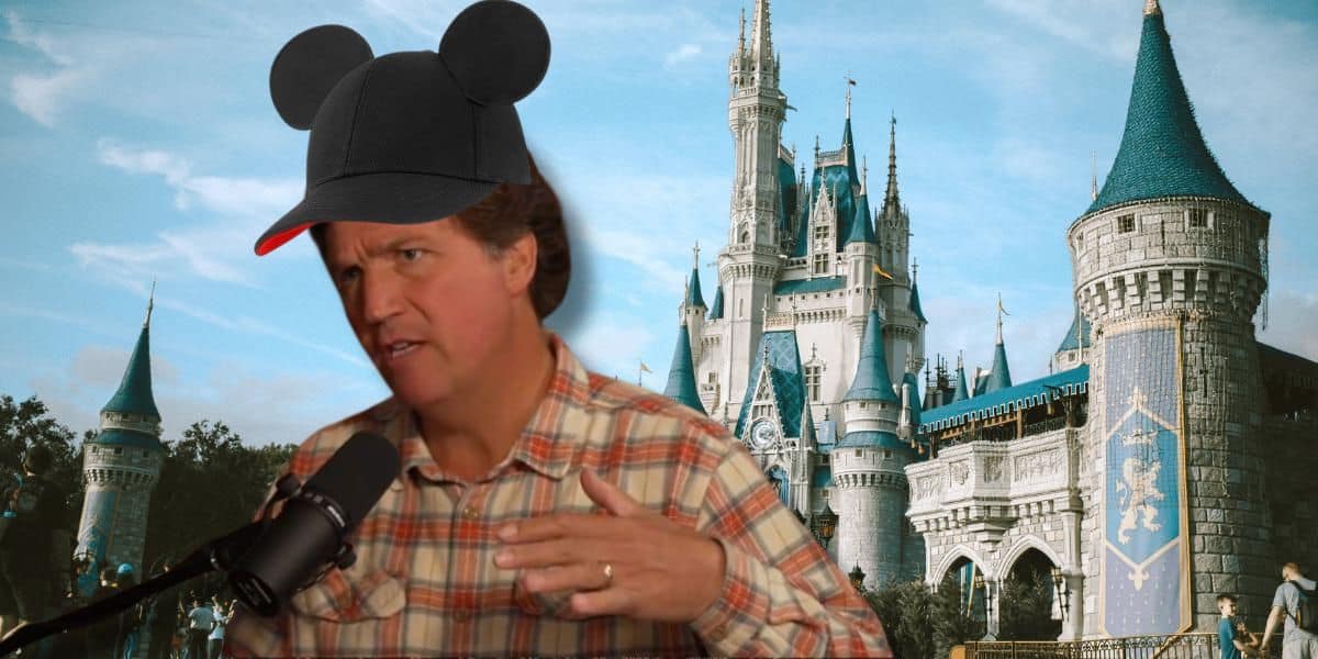 Tucker Carlson edited in front of Cinderella Castle and wearing a Mickey ear hat. The photo comes from an interview in which he discusses Disney Adults.