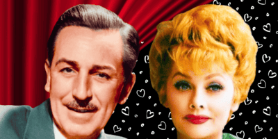 A man with a mustache in a green suit and a woman with bright red hair, reminiscent of Lucille Ball, are smiling. The background features a red curtain and a black area with white hearts, evoking the charm of a classic Walt Disney love affair.