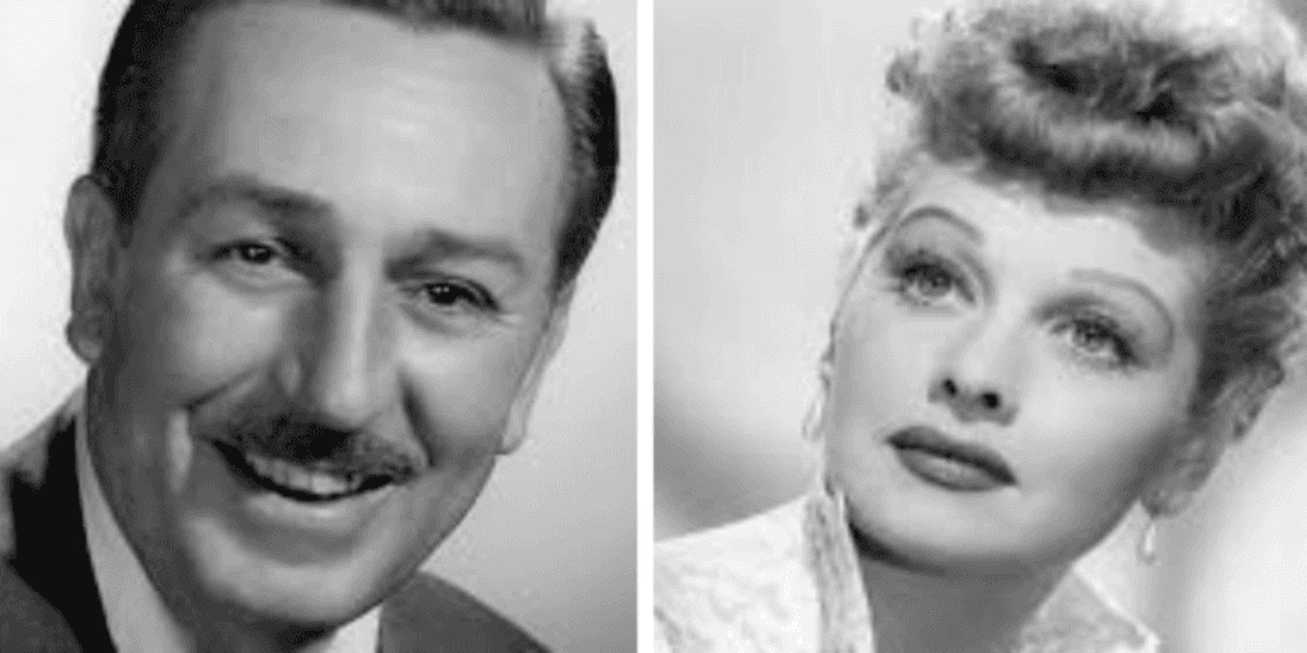 A black-and-white composite image features two individuals. On the left, a man with a mustache smiles broadly. On the right, Lucille Ball, with styled hair and a thoughtful expression, gazes slightly upward. Both appear to be from a mid-20th century era.