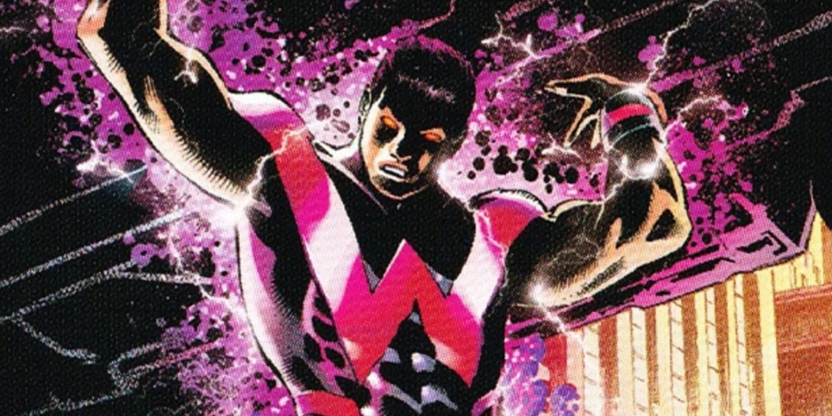 A muscular superhero in a dynamic pose, emanating purple energy or electricity. He wears a black and pink suit with a prominent "W" on his chest and has a determined expression. The background is a vibrant mix of purple and black hues, suggesting intense action.