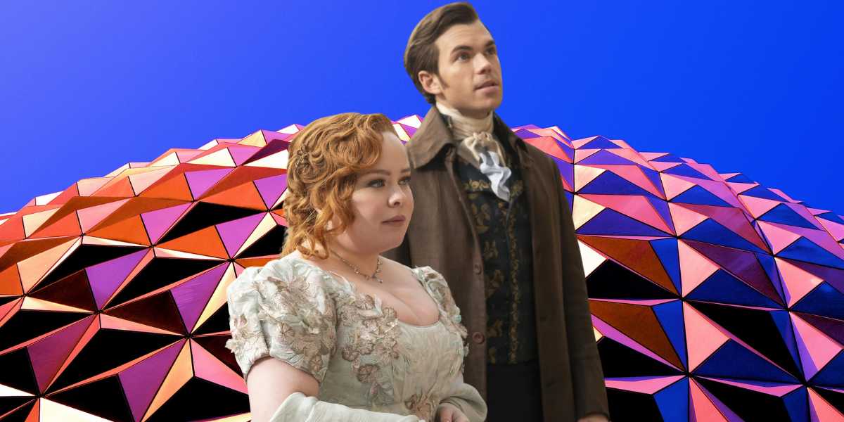A woman in a white Victorian-style dress and a man in a dark brown coat stand in front of a multicolored geometric dome, reminiscent of an enchanting Disney attraction. The vivid blue sky creates a striking contrast with the dome’s intricate pattern.