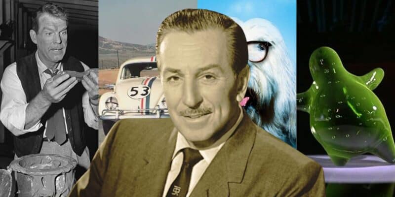 A collage features a black-and-white image of a man in a suit at the center. Surrounding him are images of a man holding clay, an anthropomorphic car from the Disney Cinematic Universe, a white fluffy dog wearing glasses, and a green goo-like creature.