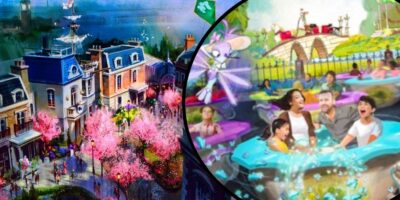 An image showing an artistic rendering of a vibrant theme park reminiscent of EPCOT. The left side features charming buildings and a street with pink blooming trees and visitors. The right side shows an animated ride with smiling people, colorful cars, and a whimsical background.