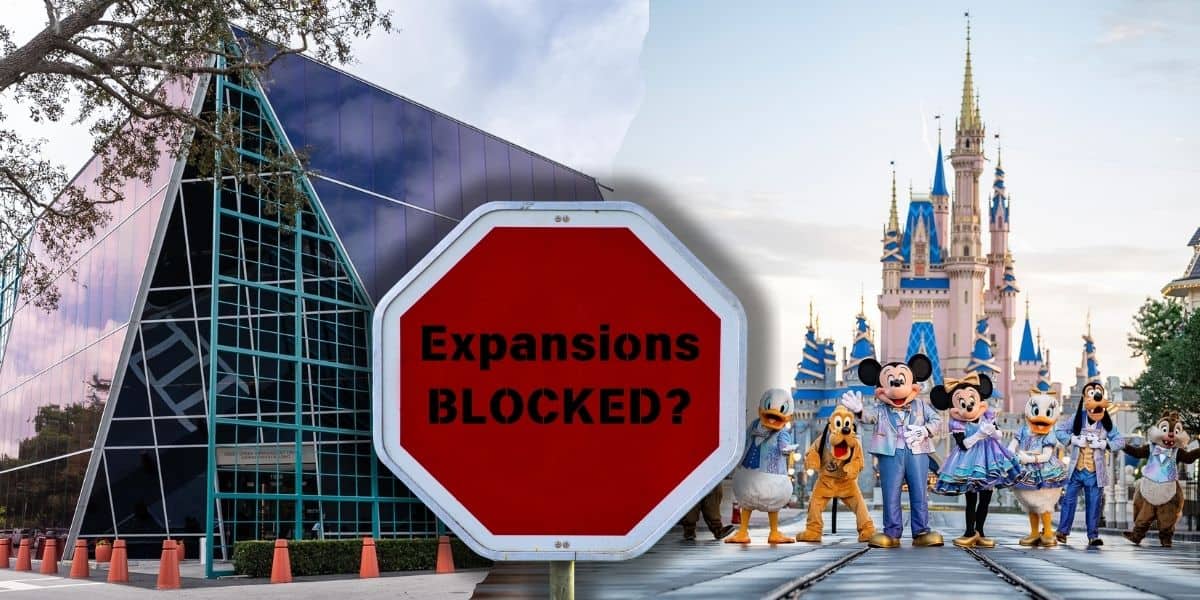 Split image showing a modern city building on the left and Cinderella's castle at Disney World with Disney characters in front on the right. A large red stop sign in the center reads, "Disney Expansions BLOCKED?