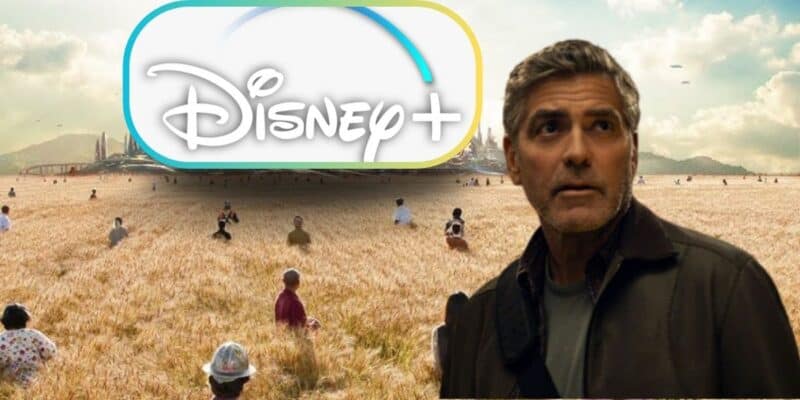 A man in a field of tall grass looks into the distance with a concerned expression. Behind him, people sit scattered across the field, gazing towards a futuristic city on the horizon. The Disney+ logo appears prominently in the sky above the city.