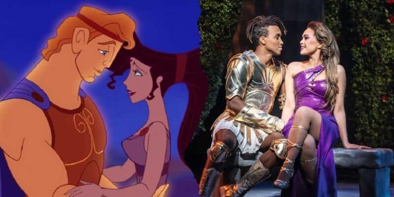 On the left side of the image, an animated scene depicts Hercules and Megara from the Disney movie "Hercules" looking into each other’s eyes. On the right, a live remake features two actors dressed as Hercules and Megara in similar costumes, sitting closely, staring into each other's eyes.