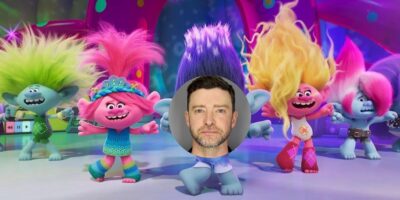 Justin Timberlake's mug shot laid over a shot from Trolls World Tour