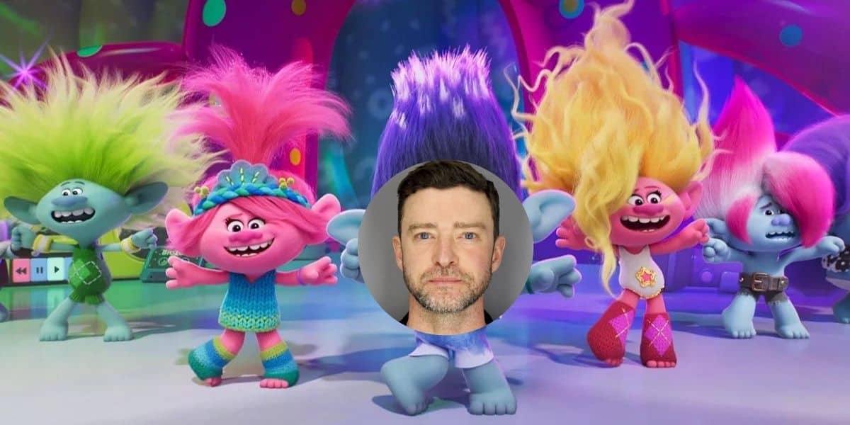 Justin Timberlake's mug shot laid over a shot from Trolls World Tour