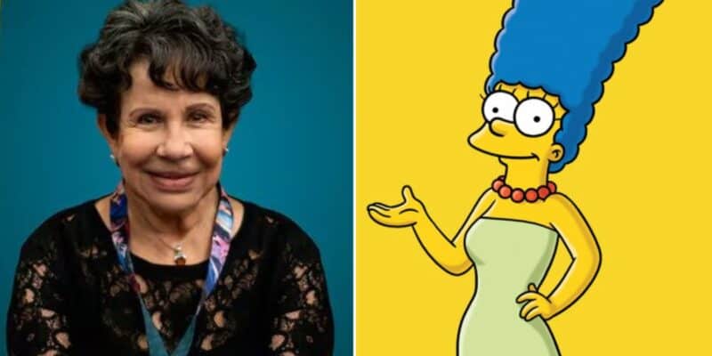 A split image with a woman with short curly dark hair and a warmly smiling face on the left, wearing a black lace top and a blue lanyard, and an animated character reminiscent of The Simpsons with tall blue hair, yellow skin, red necklace, and green dress on the right.