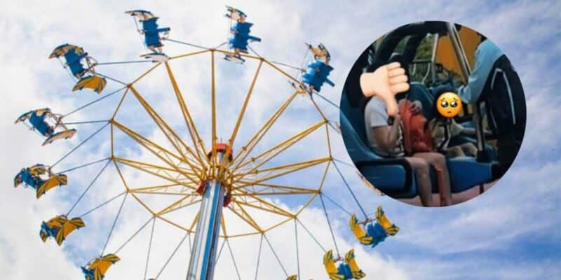A colorful amusement park ride with yellow and blue seats spins in front of a partly cloudy sky. In an inset circle, a person gives a thumbs-down gesture, with a sad face emoji, appearing distressed while seated on the ride. Nearby, a theme park worker ensures everyone meets the height requirement before boarding.