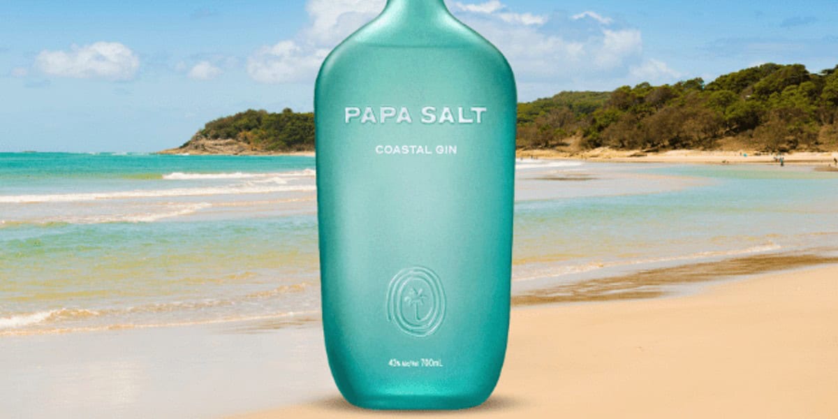 A turquoise glass bottle with the label "PAPA SALT COASTAL GIN" is placed on a sunny beach with clear, calm water. The background features sandy shores, gentle waves, and a coastline with green shrubbery. The bottle is the central focus of the image.