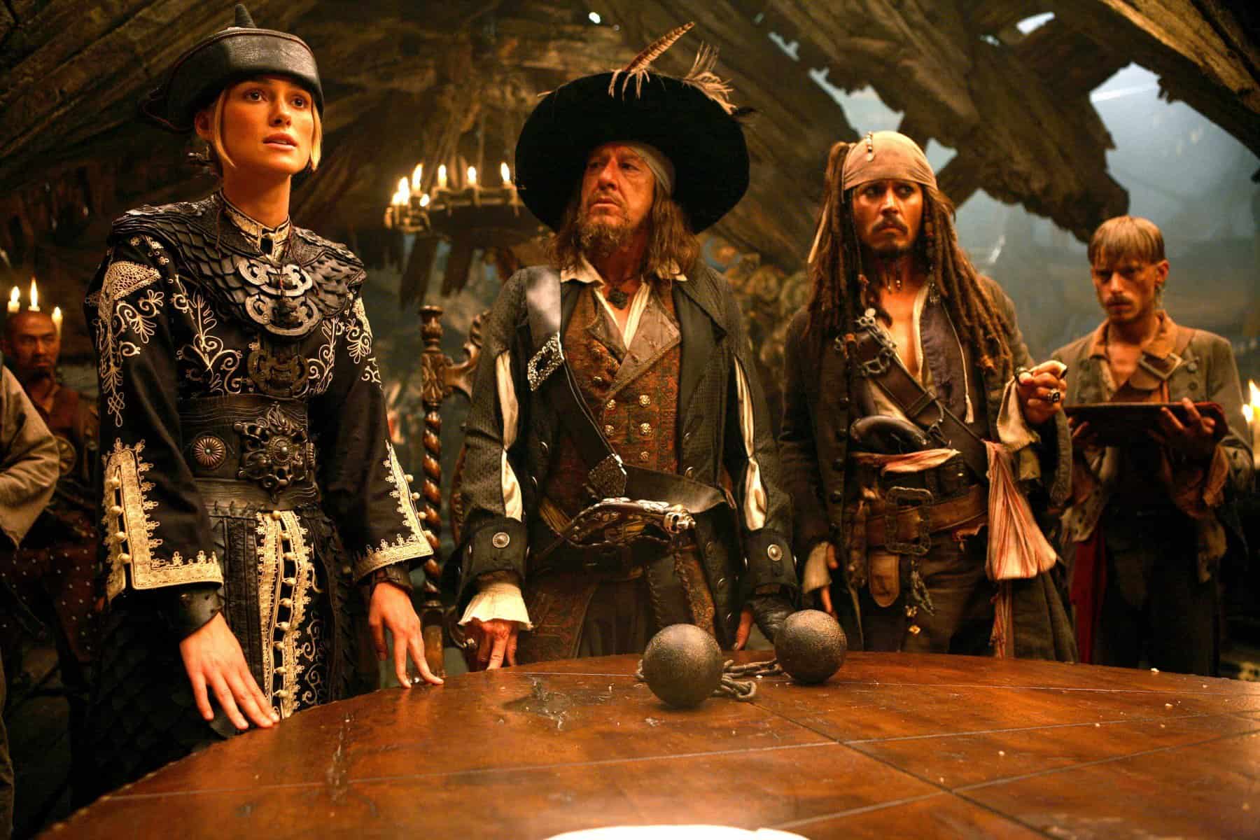 Elizabeth Swann, Captain Barbossa, and Jack Sparrow Pirates of the Caribbean at World's End