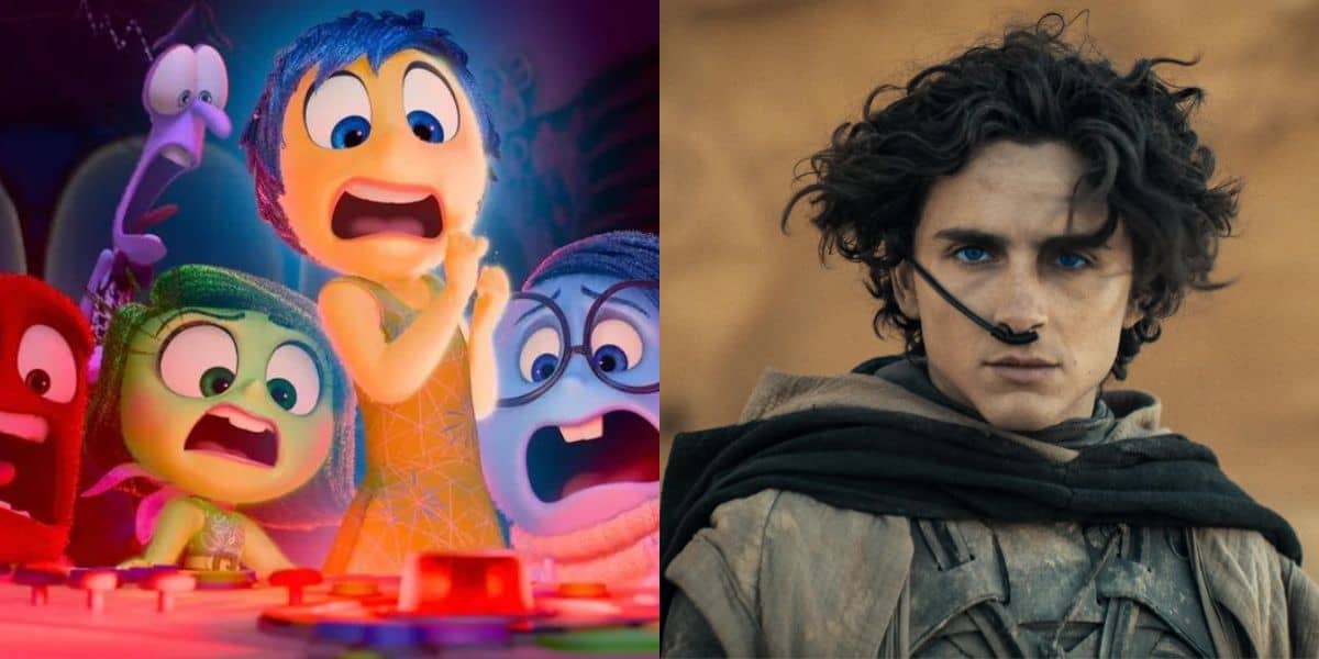 The image is split into two scenes. The left side shows animated characters from the Disney movie "Inside Out" displaying expressions of shock and fear. The right side depicts Timothee Chalamet's character from the movie "Dune," dressed in desert attire with a serious expression.