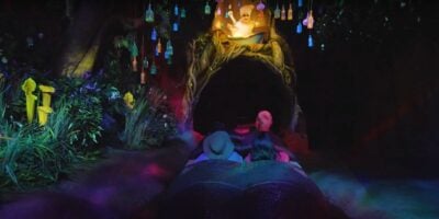 A group of people on Tiana's Bayou Adventure enter a dark tunnel surrounded by lush, colorful foliage. Ambient lighting adds a magical atmosphere, while a prominent glowing figure above the tunnel appears to be a witch or sorcerer casting a spell.