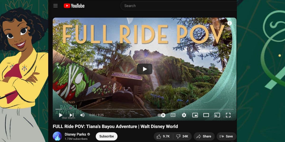 A YouTube video thumbnail titled "FULL RIDE POV" featuring the entrance to Tiana's Bayou Adventure, surrounded by a river and lush greenery. The video is by Disney Parks with 1.73M subscribers. Disney fans will spot an animated character on the left and a button to play the video in the center.