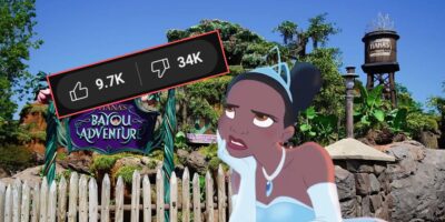 An illustration of a character in a blue dress rolling her eyes is superimposed over a theme park ride entrance sign that reads "Tiana's Bayou Advneture." Above the scene, a social media-like icon with thumbs up (34K likes) and thumbs down (9.7K dislikes) is shown.