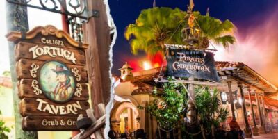 Split image featuring two themes: Left side shows a wooden sign for "Tortuga Tavern" adorned with pirate imagery, while the right side displays an illuminated entrance sign of the "Pirates of the Caribbean" ride at Walt Disney World, surrounded by lush greenery at night.
