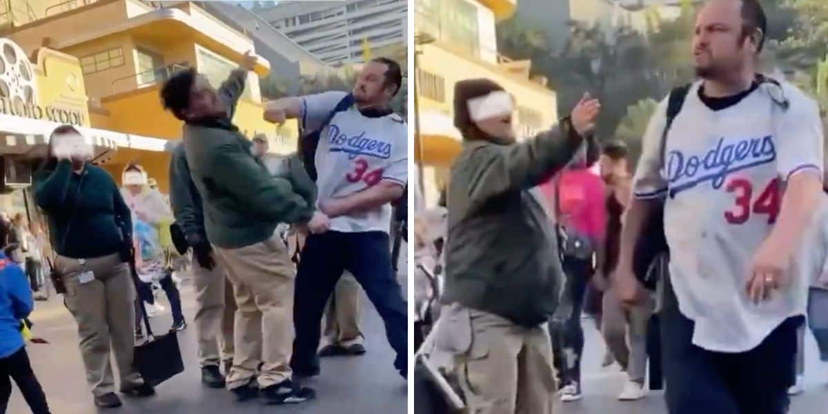 Two images depict a physical altercation on a busy street. In both, a person wearing a black jacket and beige pants is engaged in a heated encounter with another individual in a Los Angeles Dodgers jersey. Bystanders, including some tourists from Universal Studios, are visible in the background observing the scene.