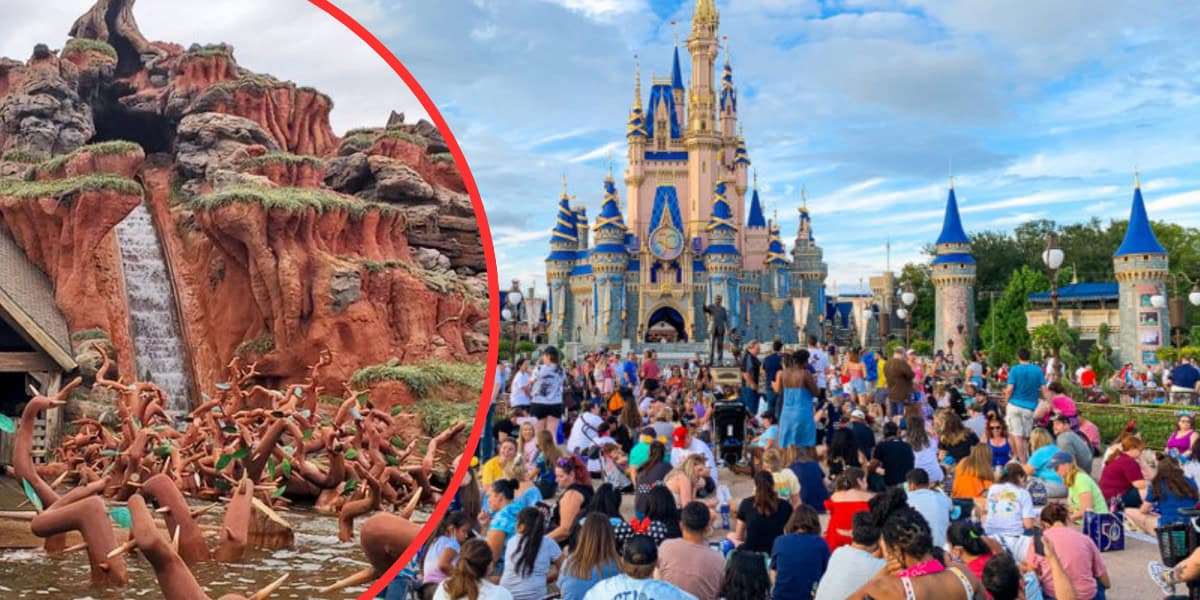 An animated scene of Splash Mountain (left) featuring a log ride with Brer Rabbit characters, and a crowded area near Cinderella's Castle at Disney (right) with many visitors sitting and standing. Blue sky and clouds are visible in the background, reviving the magic of a perfect theme park day.