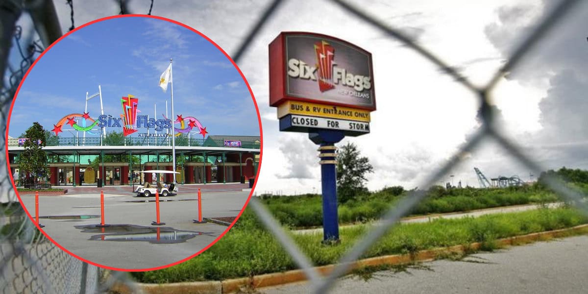 The image shows a rusty and overgrown entrance gate to a closed Six Flags amusement park under a cloudy sky. An inset photo in the upper left corner displays the vibrant entrance of an open Six Flags park with colorful banners and a parked golf cart.

.