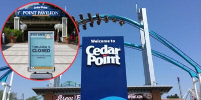 Welcome sign at Cedar Point amusement park with roller coasters in background. Inset shows a sign indicating an area is closed due to social distancing guidelines.