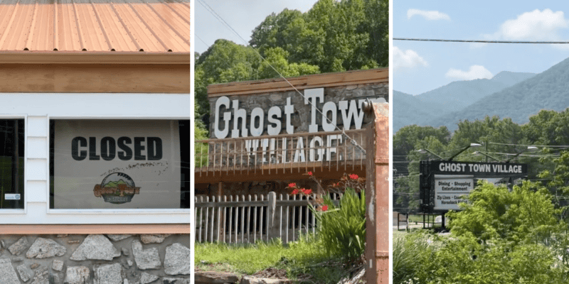 A triptych of images showcasing different views of 'Ghost Town in the Sky,' an abandoned amusement park. The left image shows a "CLOSED" sign in a window, the center captures the main entrance sign, and the right displays a roadside sign against mountain scenery.