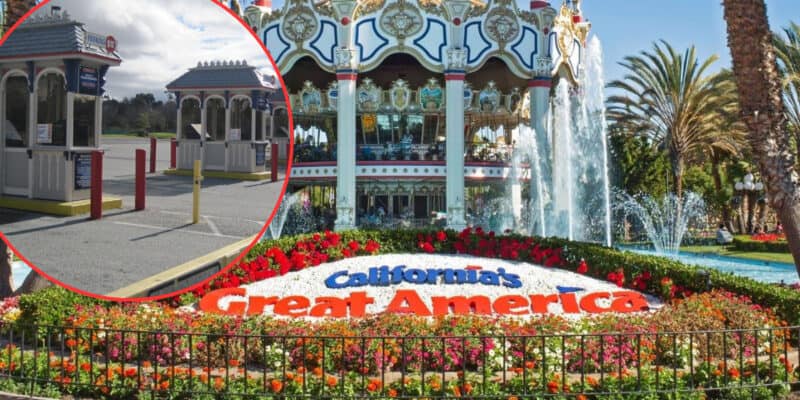 A vibrant image of California's Great America entrance features a colorful flower bed surrounding the park's name. In the background, a grand carousel and fountains are visible. An inset shows ticket booths and gates with a clear lane for vehicles beside them at this legendary Cedar Fair park.