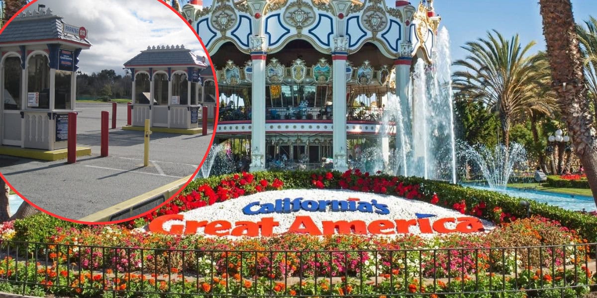 A vibrant image of California's Great America entrance features a colorful flower bed surrounding the park's name. In the background, a grand carousel and fountains are visible. An inset shows ticket booths and gates with a clear lane for vehicles beside them at this legendary Cedar Fair park.