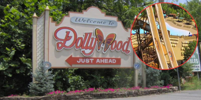 A large welcome sign for Dollywood with a butterfly graphic stands amidst foliage. The text reads "Welcome to Dollywood Just Ahead." An inset circle shows a detailed section of the park's attractions, including a water ride and seating area.