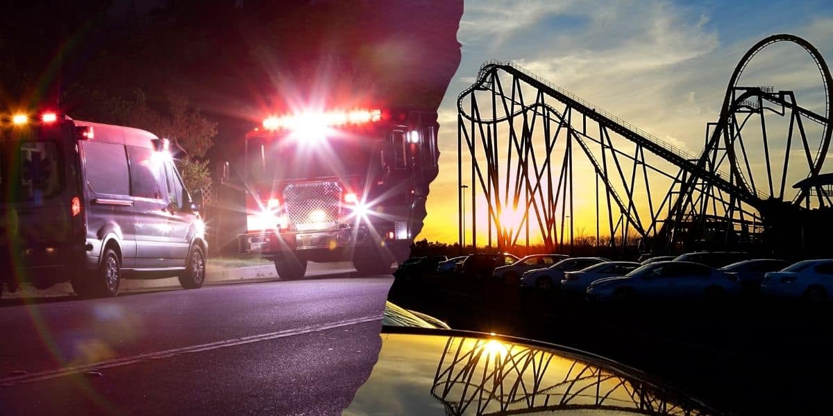 An image split in half: the left side shows emergency vehicles, including an ambulance and fire truck with lights flashing at night, while the right side depicts a roller coaster and parking lot at sunset in Happy Valley.