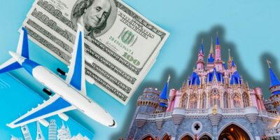 Illustration of a plane model, stack of hundred-dollar bills, and the iconic Disney castle. The image suggests themes of travel and expenses associated with visiting a Disney theme park.