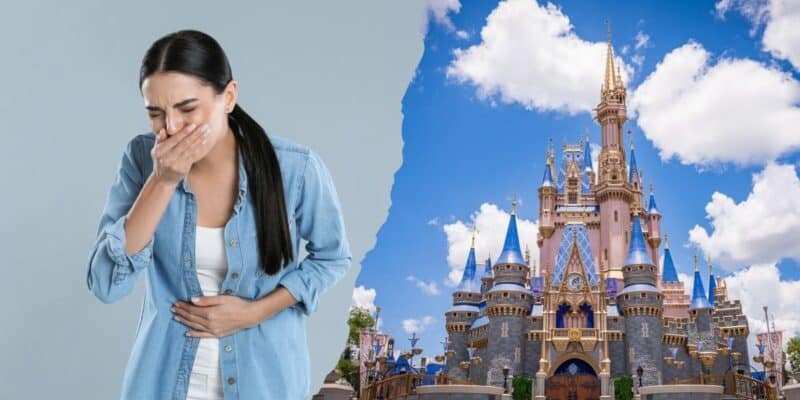 A woman covers her mouth with one hand and holds her stomach with the other, appearing to be unwell. Beside her, a vibrant image shows a picturesque Disney castle against a blue sky with fluffy clouds, suggesting a fairy-tale or theme park setting.