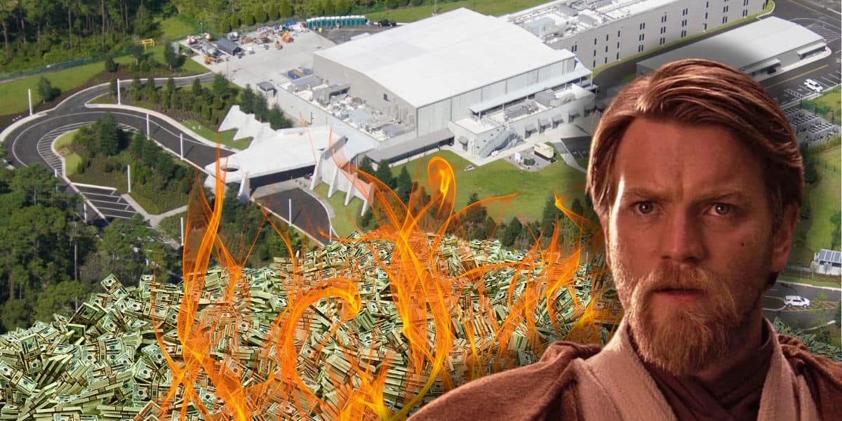 A large pile of burning cash in front of Chris Wray's FBI headquarters by photographer Dave Howells, with actor Ewan McGregor as Obi-Wan in the foreground, reminiscent of a dramatic Disney scene.