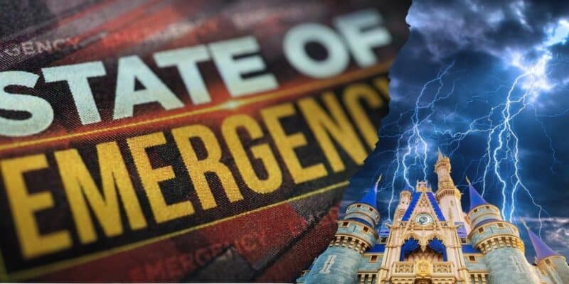 A split-image featuring a "State of Emergency" sign on the left and a stormy sky with lightning striking above a Disney-inspired castle on the right. The contrasting visuals highlight a dramatic, urgent scenario worthy of any Disney climax.