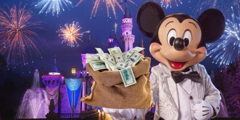 An illustration of Mickey Mouse in a white tuxedo holding a burlap sack filled with cash. Behind him, Disneyland's magical castle is illuminated with colorful fireworks lighting up the night sky. The background evokes a festive and whimsical atmosphere.